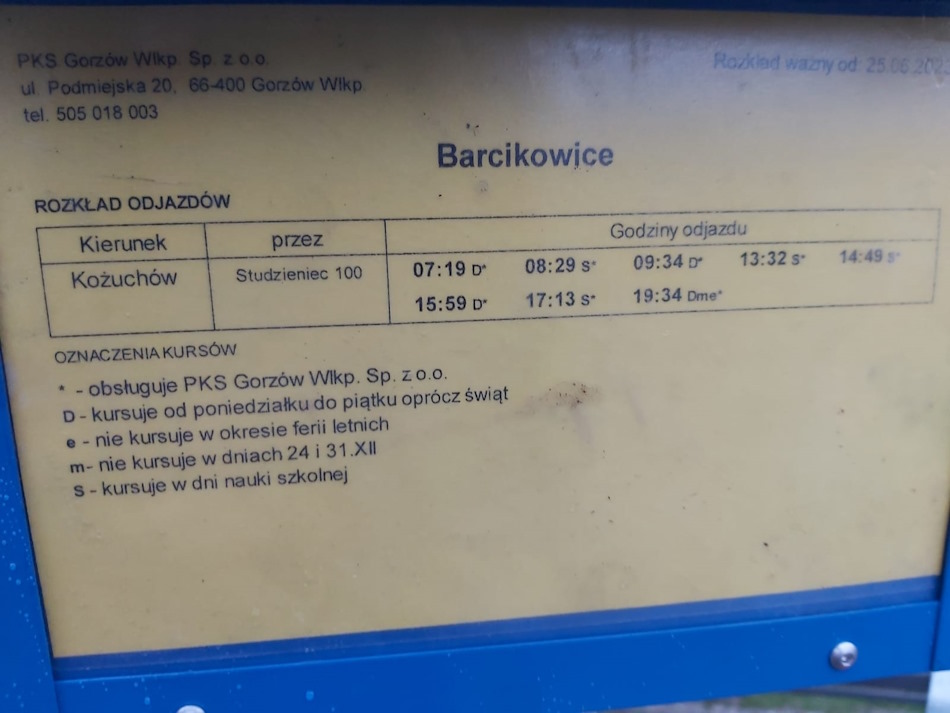 rozkład jazdy PKS Gorzów trasa Zielona Góra — Kożuchów przez Barcikowice i Studzieniec
