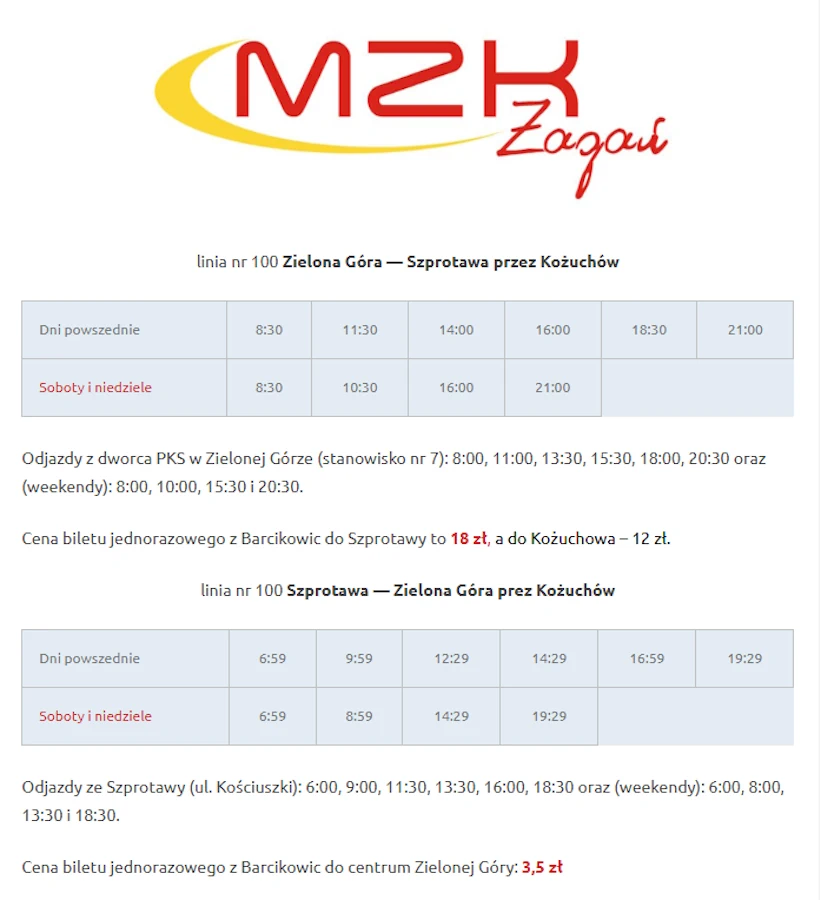 Rozkład jazdy MZK Żagań na trasie linii nr 100 Zielona Góra - Szprotawa przez Barcikowice i Kożuchów