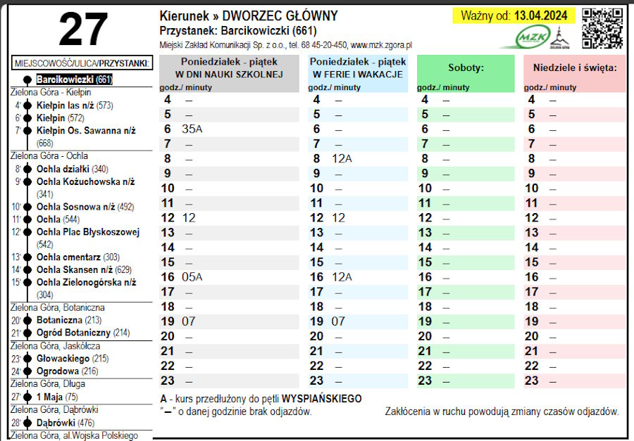 Rozkład jazdy linii nr 27 MZK Zielona Góra od 13 kwietnia 2024; odjazdy z pętli Barcikowiczki