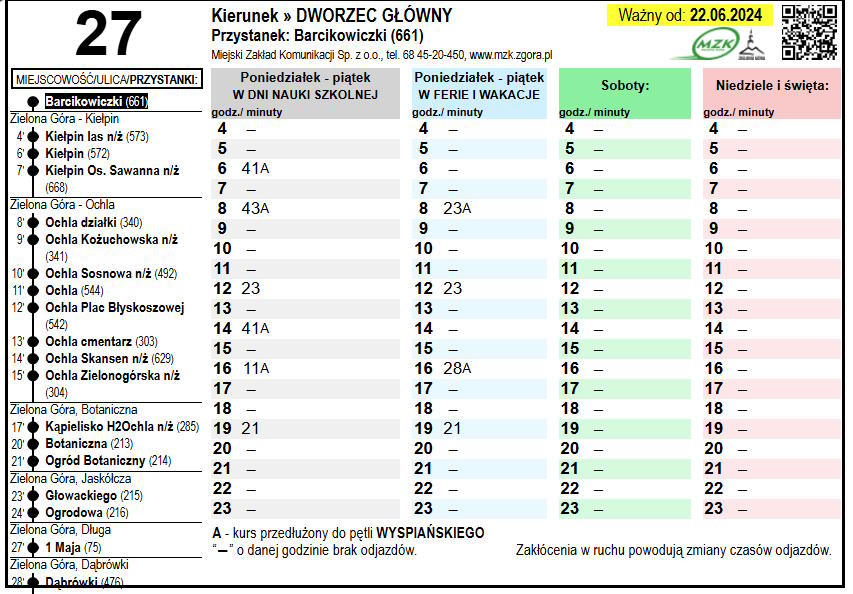 Rozkład jazdy linii nr 27 MZK Zielona Góra od 22 czerwca 2024; odjazdy z pętli Barcikowiczki