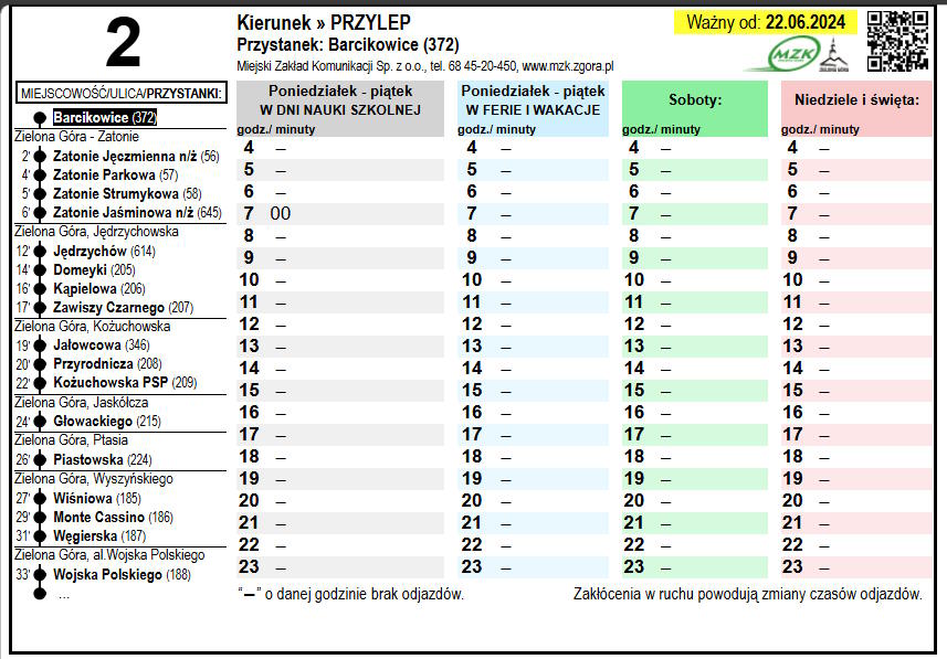 Rozkład jazdy linii nr 2 MZK Zielona Góra od 22 czerwca 2024; odjazdy z pętli Barcikowice
