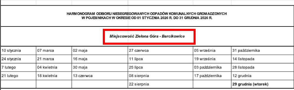 Terminy wywozu śmieci zmieszanych w Zielonej Górze - Barcikowicach w 2026