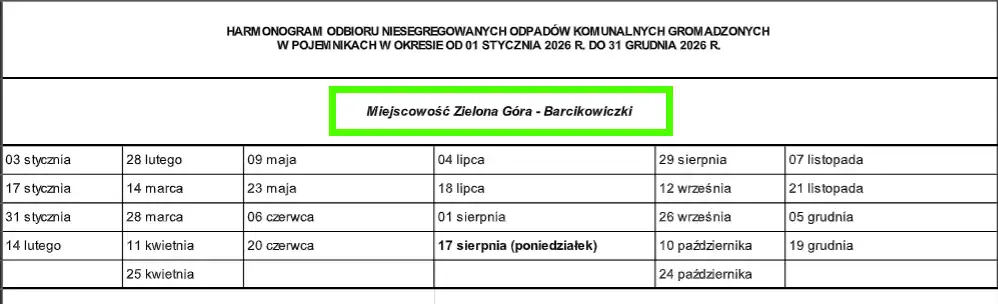 Terminy wywozu śmieci zmieszanych w Zielonej Górze - Barcikowiczkach w 2026