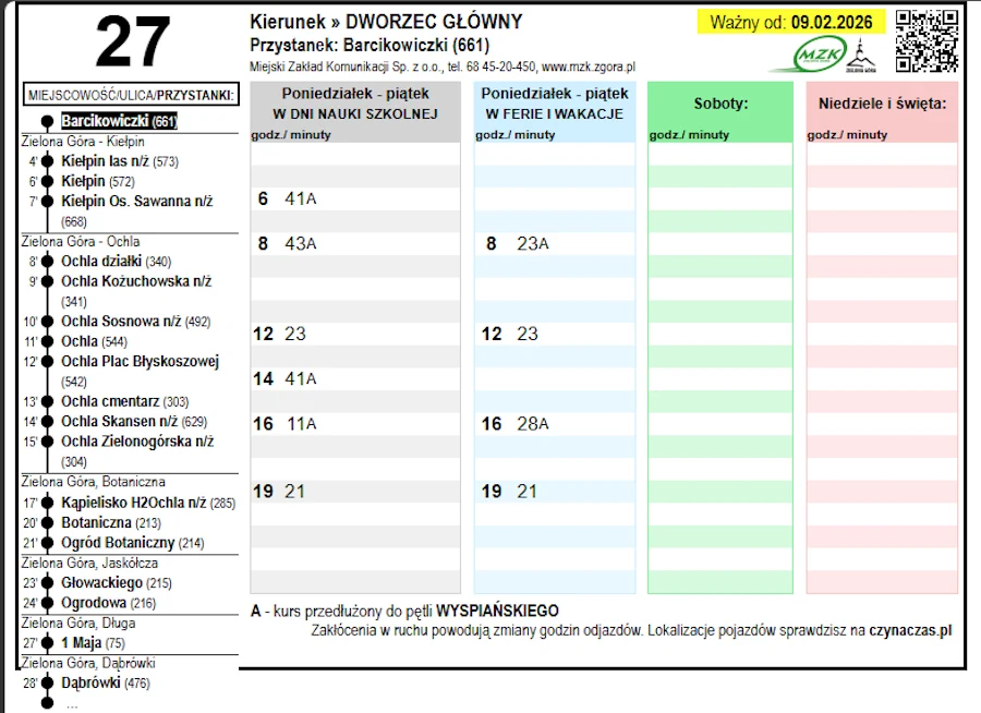 Rozkład jazdy linii nr 27 MZK Zielona Góra od 9 lutego 2026; odjazdy z pętli Barcikowiczki