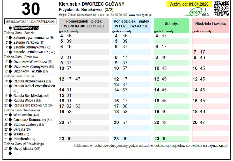 Rozkład jazdy linii nr 30 MZK Zielona Góra od 1 kwietnia 2026; odjazdy z pętli Barcikowice