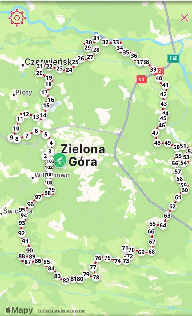 Trasa Ultramaratonu Zielonogórskiego Nowe Granice z oznaczeniami kilometrów